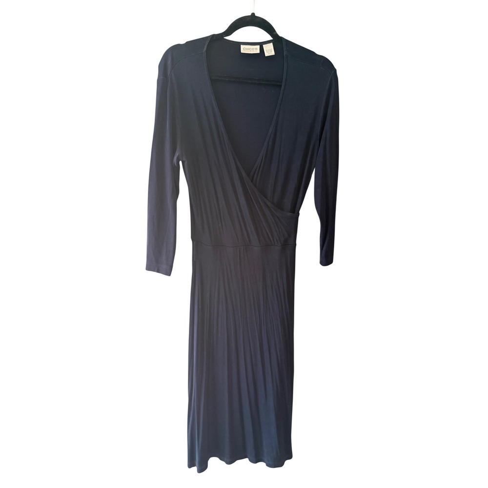 Chicos Travelers Navy Blue Faux Wrap Midi Dress Long Sleeve Size 0 Small Slinky
